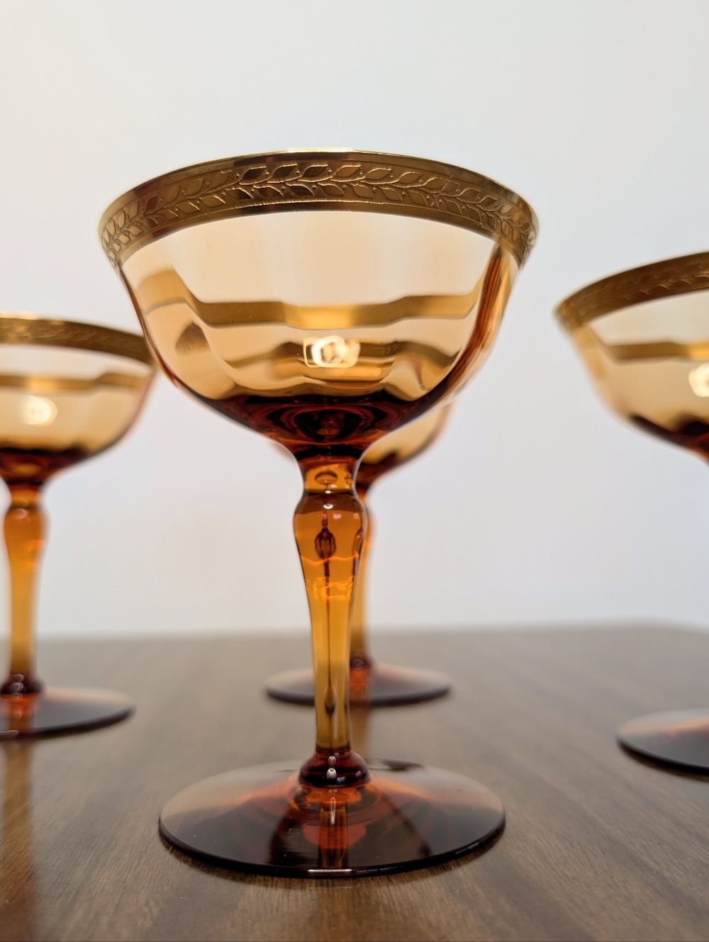 Vintage Amber Glass Gold Rim With Laurel Leaf Pattern Champagne Glasses Set Of 4